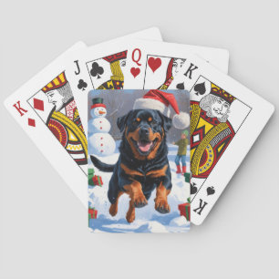 Rottweiler Running in Snow with Christmas Hat Playing Cards