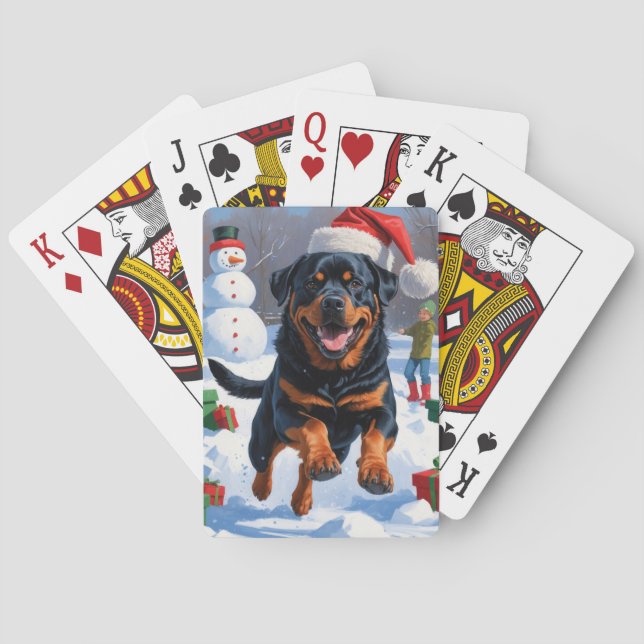 Rottweiler Running in Snow with Christmas Hat Playing Cards (Back)