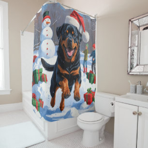 Rottweiler Running in Snow with Christmas Hat Shower Curtain