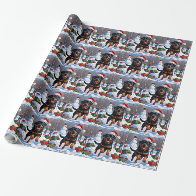 Rottweiler Running in Snow with Christmas Hat Wrapping Paper (Unrolled)