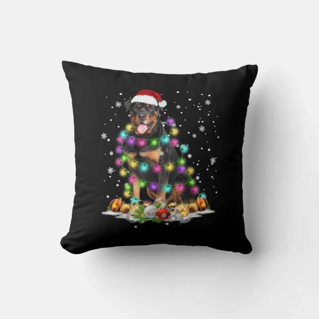 Rottweiler Santa Christmas Tree Lights Xmas Cushion (Front)