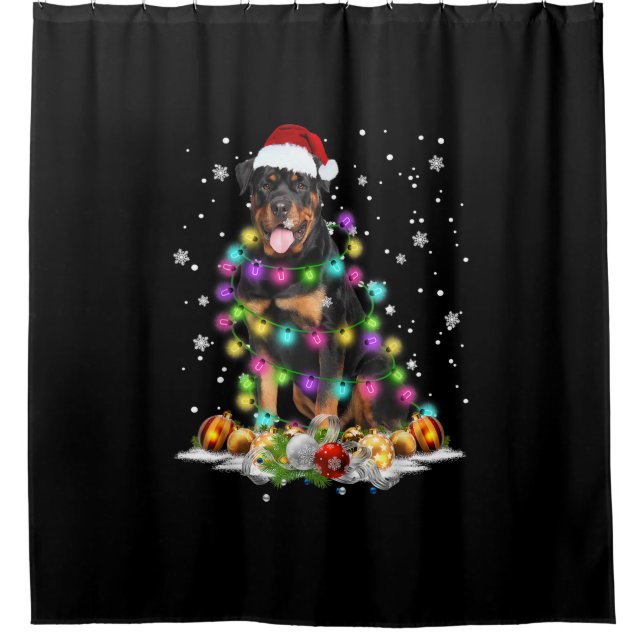 Rottweiler Santa Christmas Tree Lights Xmas Shower Curtain (Front)