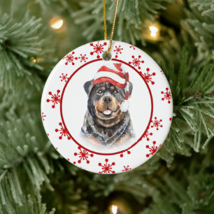 Rottweiler Santa Hat Red Snowflake Christmas Ceramic Tree Decoration