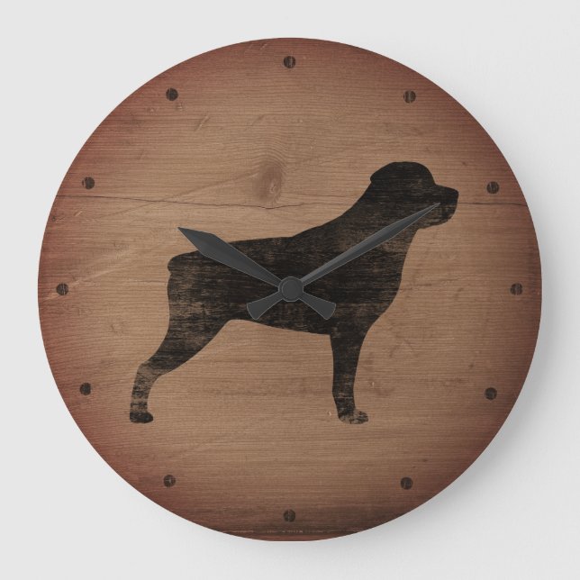 Rottweiler Silhouette Rustic Large Clock (Front)