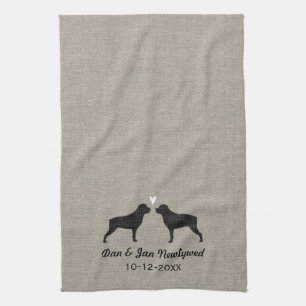 Rottweiler Silhouettes with Heart and Text Tea Towel