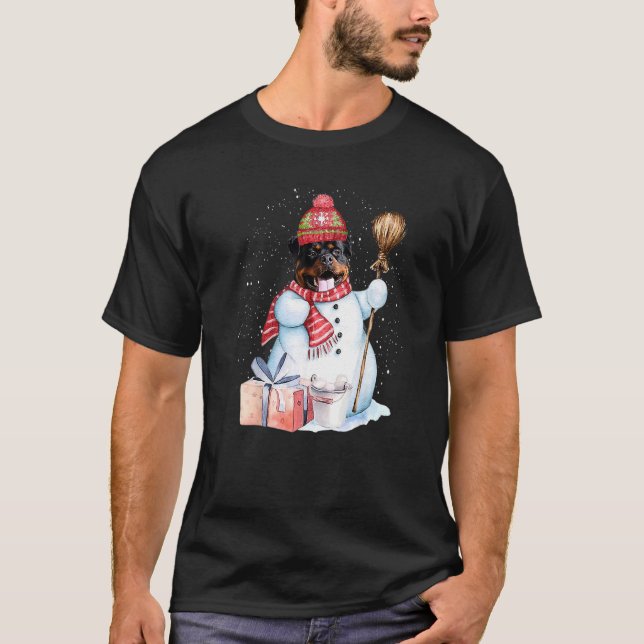 Rottweiler Snowman Snow Night Christmas Dog  Owner T-Shirt (Front)