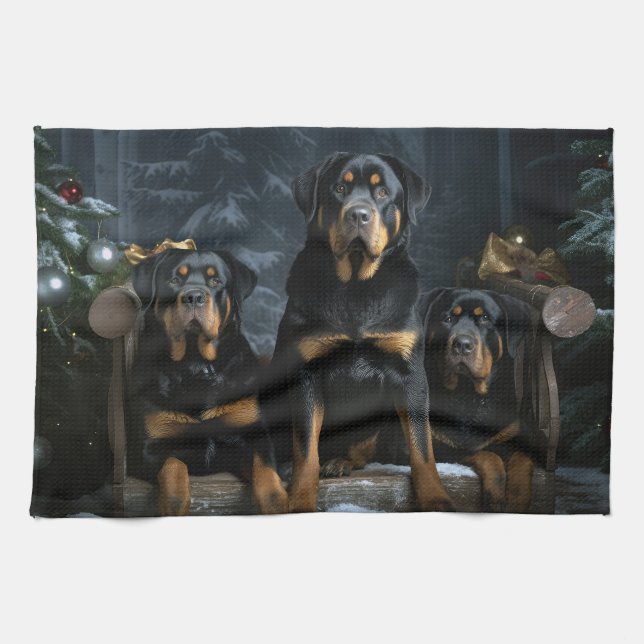 Rottweiler Snowy Sleigh Christmas Decor  Tea Towel (Horizontal)