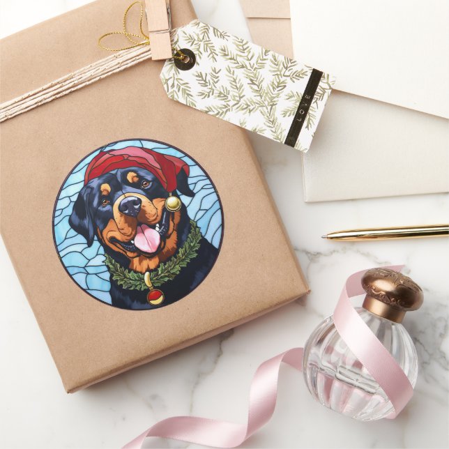 Rottweiler Stained Glass Christmas Classic Round Sticker (Gifting)
