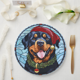 Rottweiler Stained Glass Christmas Paper Plate