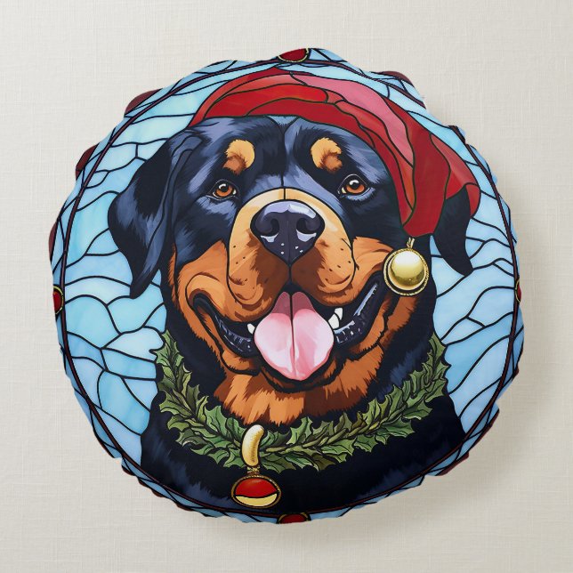 Rottweiler Stained Glass Christmas Round Cushion (Back)