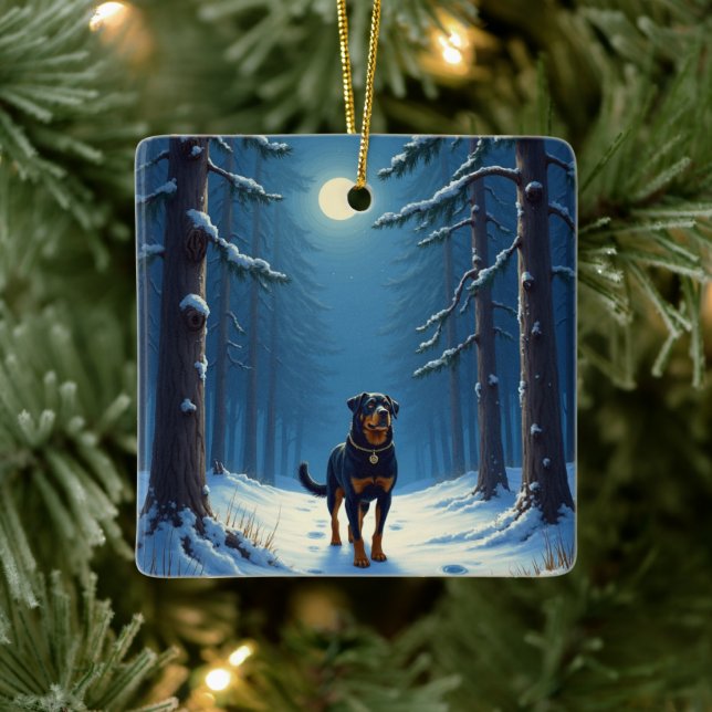 Rottweiler Starry Forest Hike Christmas Painting Ceramic Ornament (Tree)