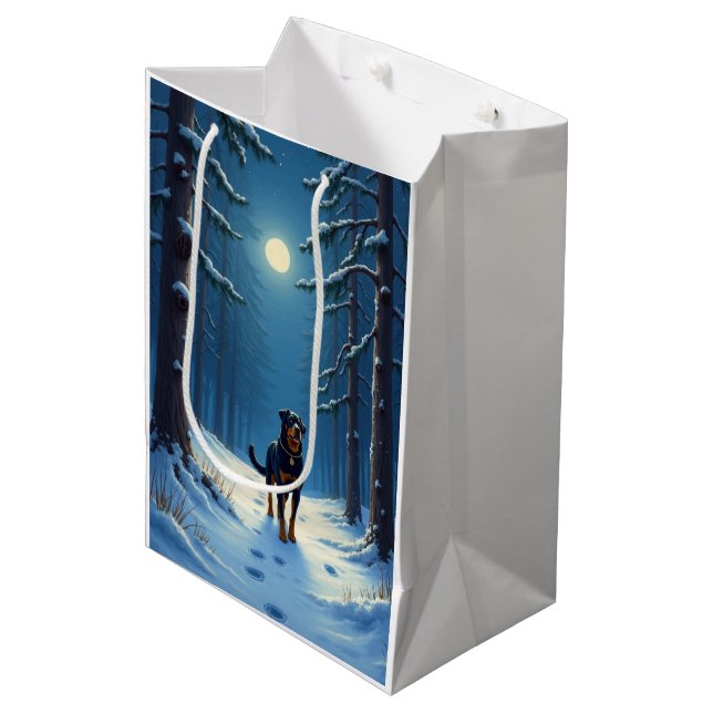 Rottweiler Starry Forest Hike Christmas Painting Medium Gift Bag (Front Angled)
