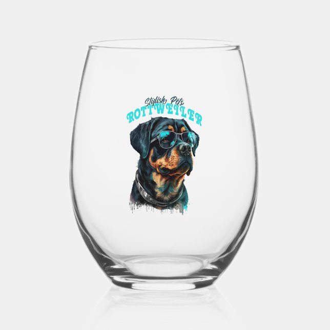 Rottweiler Stylish Pets Stemless Wine Glass (Front)