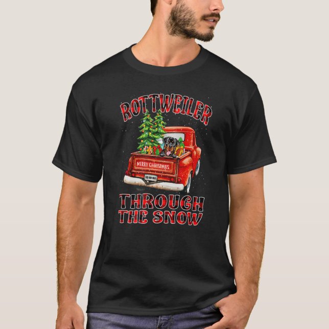 Rottweiler Through The Snow Christmas Truck Plaid  T-Shirt (Front)