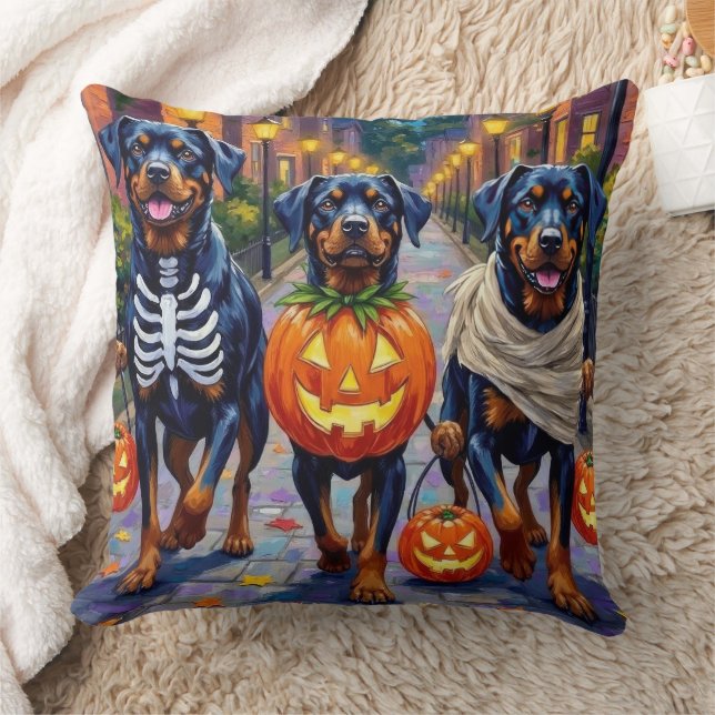 Rottweiler Trick-or-Treating In Halloween Costumes Cushion (Blanket)