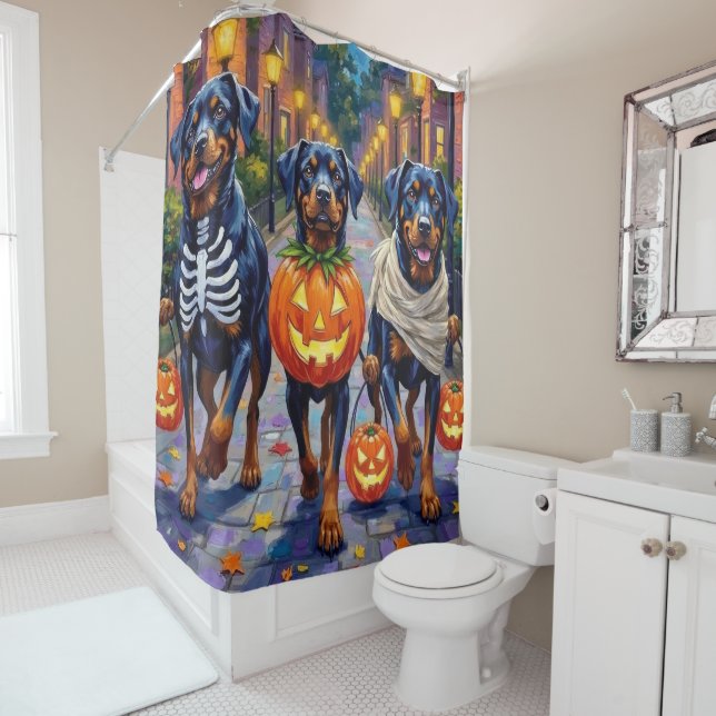 Rottweiler Trick-or-Treating In Halloween Costumes Shower Curtain (In Situ)