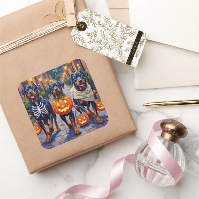 Rottweiler Trick-or-Treating In Halloween Costumes Square Sticker (Gifting)