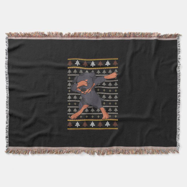 Rottweiler Ugly Sweater Christmas Dog Dab Dance Throw Blanket (Front)