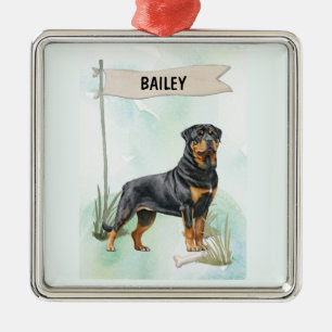 Rottweiler Watercolor Personalized Dog Metal Tree Decoration