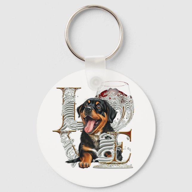 Rottweiler Wine Glass Made LOVE Word  Key Ring (Front)
