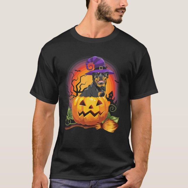 Rottweiler Witch Pumpkin Halloween Dog Lover T-Shirt (Front)