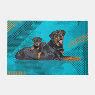 Rottweiler with a puppy doormat