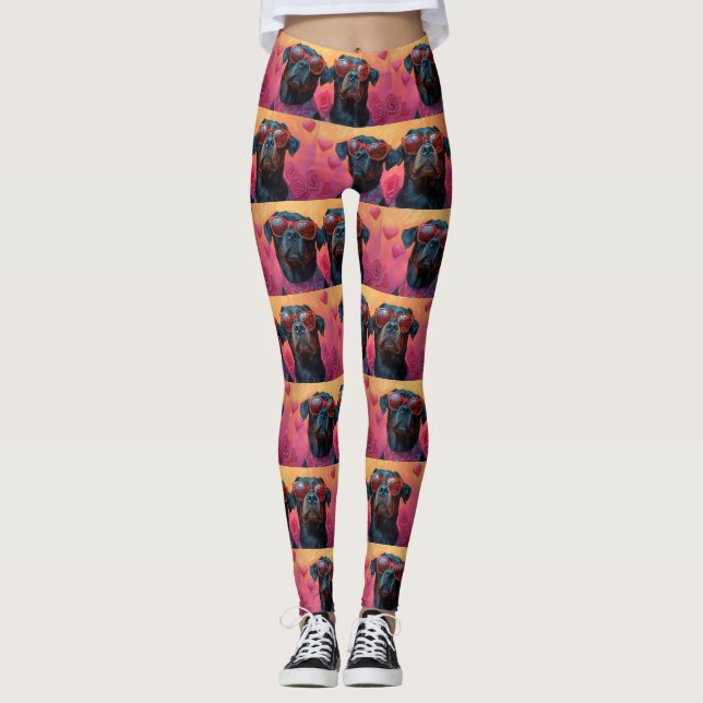 Rottweiler With Heart Roses Valentine's Day Leggings (Front)