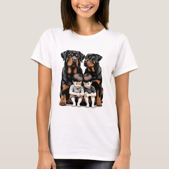 Rottweilers, Rottweiler As Loyal Guardians Of Kids T-Shirt (Front)