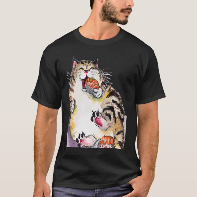 Rotund Cat Eating Sushi T-Shirt (Front)
