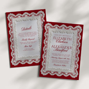 Rouge Red Old Money Lace Wedding + Details Invitation