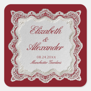Rouge Red Old Money Lace Wedding Square Sticker