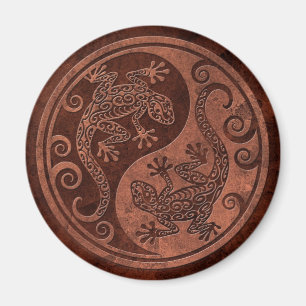 Rough Brown Stone Yin Yang Geckos Magnet