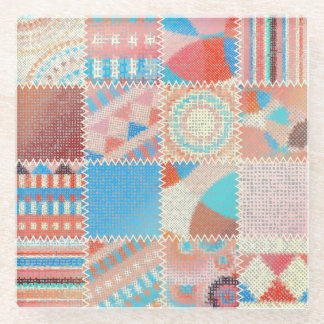 Rough Canvas Patchwork: Textured Vintage Pattern Glass Coaster