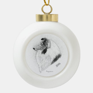 Rough Coat Collie Pen and Ink By Cindy Alvarado Ceramic Ball Christmas Ornament