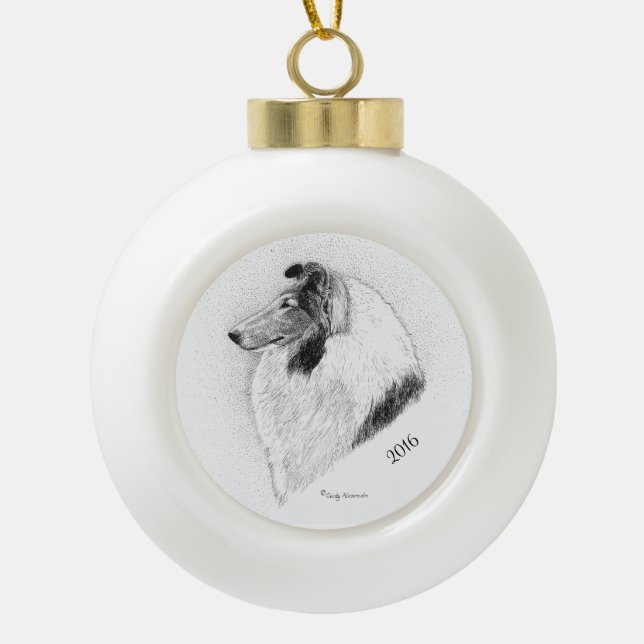 Rough Coat Collie Pen and Ink By Cindy Alvarado Ceramic Ball Christmas Ornament (Front)