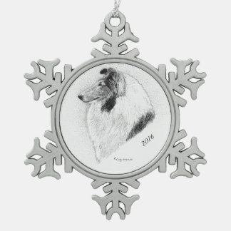 Rough Coat Collie Pen and Ink By Cindy Alvarado Snowflake Pewter Christmas Ornament