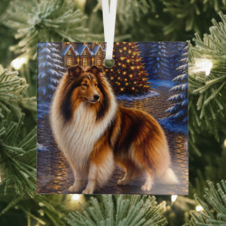 Rough Coated Collie Holiday Glass Tree Decoration