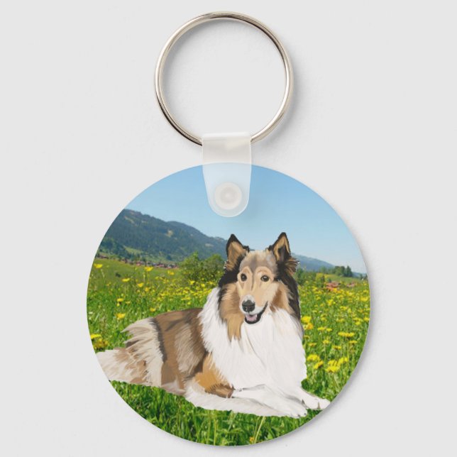 Rough Collie against a buttercup meadow. Key Ring (Front)