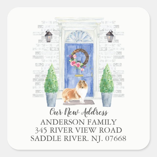 Rough Collie Blue Door New Address Label Sticker (Front)