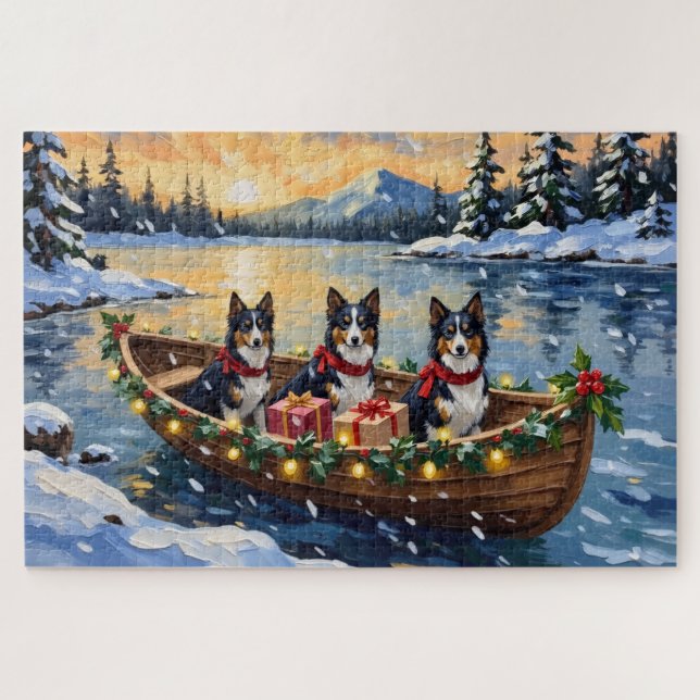 Rough Collie Christmas Boat Holiday Jigsaw Puzzle (Horizontal)