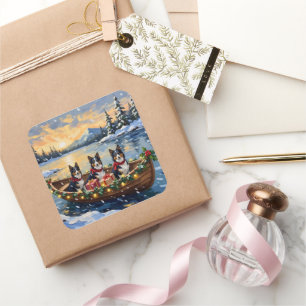 Rough Collie Christmas Boat Holiday Square Sticker