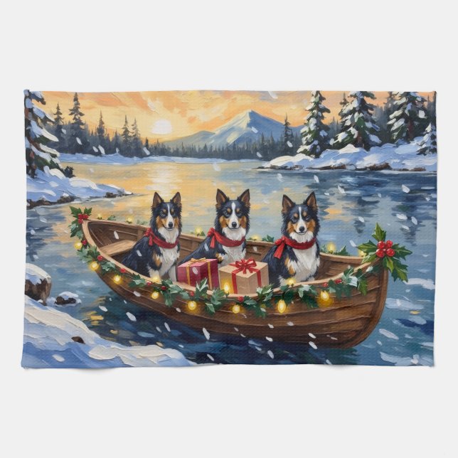 Rough Collie Christmas Boat Holiday Tea Towel (Horizontal)