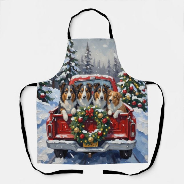 Rough Collie Christmas Red Truck Holiday Apron (Front)