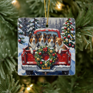 Rough Collie Christmas Red Truck Holiday Ceramic Ornament