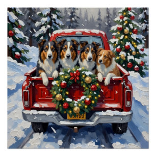 Rough Collie Christmas Red Truck Holiday Poster