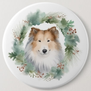 Rough Collie Christmas Wreath Festive Pup  6 Cm Round Badge