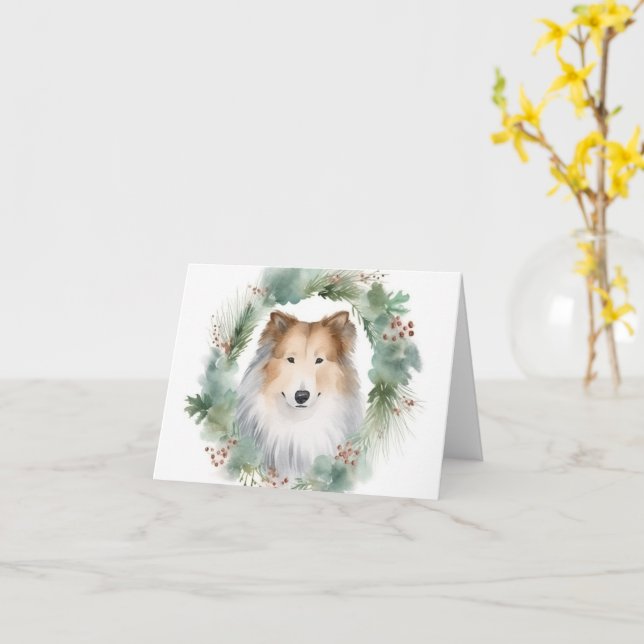 Rough Collie Christmas Wreath Festive Pup  Card (Yellow Flower)