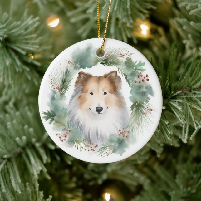 Rough Collie Christmas Wreath Festive Pup  Ceramic Tree Decoration (Tree)