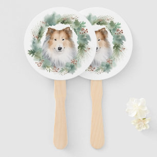 Rough Collie Christmas Wreath Festive Pup  Hand Fan