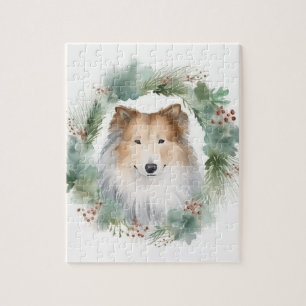 Rough Collie Christmas Wreath Festive Pup  Jigsaw Puzzle